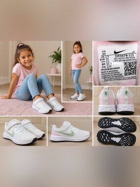 NIKE Revolution Running Shoes Youth Girls Size 3Y White Pink Green Hook & Loop